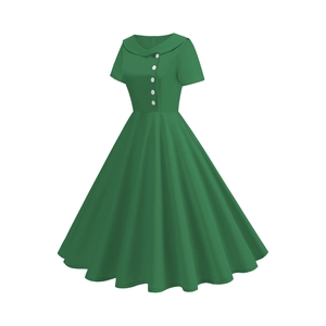 Detail view of forest green vintage dress with white buttons and a classic Peter Pan collar