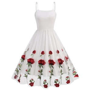 White vintage 50s cocktail dress with red rose embroidery and mesh swing skirt