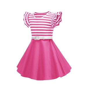 Close-up of pink striped bodice with ruffled sleeves and removable white belt