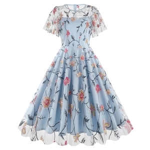 Light blue mesh embroidered dress with floral patterns and retro A-line silhouette