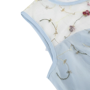Détail de broderie florale sur tulle bleu clair avec passepoil délicat à l'épaule