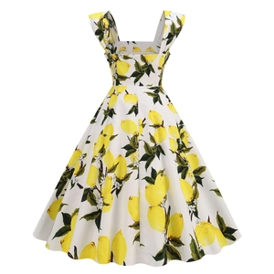 Detail of square neckline and vintage lemon floral pattern on summer A-line dress