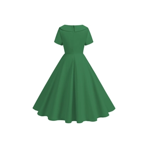 Detail view of emerald green vintage A-line dress back with hidden zipper and short sleeves