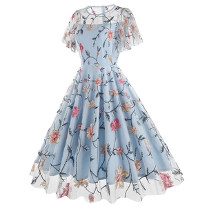 Detailed view of embroidery pattern on mesh dress with pink flowers and light blue lining