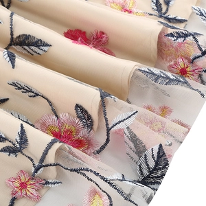 Gros plan de broderies florales délicates sur tissu en tulle beige pour robe vintage