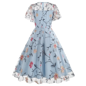 Detail of light blue mesh dress featuring floral embroidery and a back zipper closure