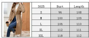 Detailed size chart for long faux suede trench coat with bust and length measurements