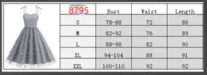 Size chart with measurements for the vintage bow strap mesh embroidery Christmas party dress