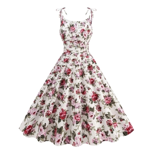 Vintage 50s Hepburn style white floral dress with rose print and button details