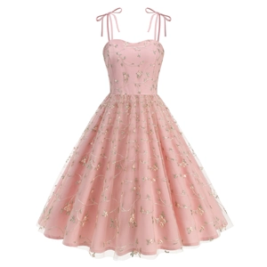 Vintage Elegant Pink Floral Embroidery Mesh Midi Dress Women Spaghetti Strap Bow Tulle A-Line Party Wedding Dresses