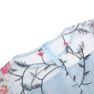 Detail of light blue dress showing embroidered floral mesh and invisible back zipper