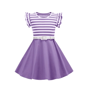 Girls retro striped patchwork dress in purple with ruffled sleeves and white belt