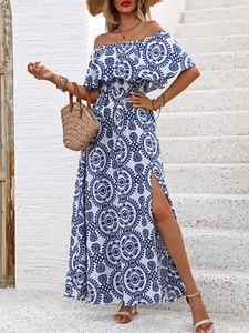 Women Bohemian Off-Shoulder Maxi Dress Floral Mandala Print Ruffle High Slit Summer Beach Vacation Elegant Long Dress