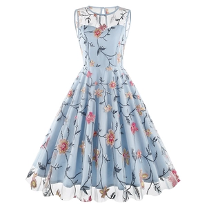 Robe Femme Élégante Vintage Broderie Florale en Maille Sans Manches Col Rond Coupe en A Longueur Midi Retro Fête