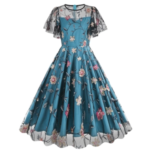 Women Vintage Hepburn Style Mesh Floral Embroidery Midi Dress Elegant Round Neck A-Line Party Wedding Flutter Sleeve Dress