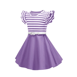 Detail view of girls' retro dress featuring purple stripes and ruffled flutter sleeves