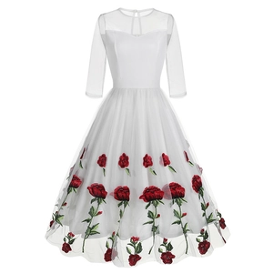 Robe Midi en Maille avec Broderie Rose Vintage pour Femmes Élégante Col Rond Manches Trois-Quarts Hepburn Rétro Ligne A