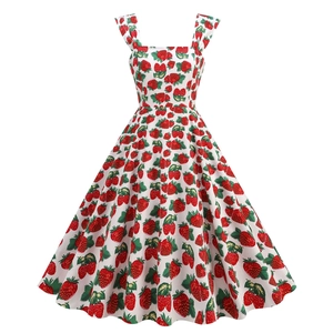 Vintage square neck A-line dress featuring vibrant strawberry print on white background