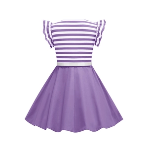 Detail of girls vintage striped dress featuring ruffle sleeves and a white waist belt