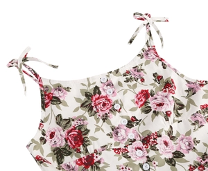 Close-up of floral print neckline with white buttons and shoulder ribbon bows