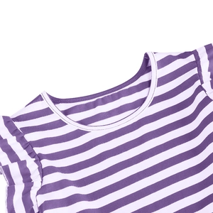 Detail of girls striped dress with purple white patterns and ruffle sleeve accents