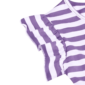 Detail of purple striped girls dress with white crew neck and flutter sleeve design