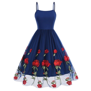 Vintage 1950s Style Rose Embroidery Mesh Spaghetti Strap A-Line Dress Retro Cocktail Party Elegant Midi Dress For Women
