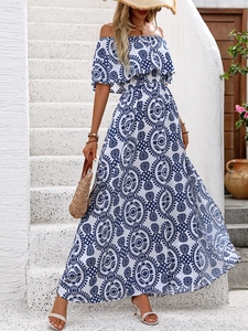 Elegant off-shoulder floral maxi dress with bohemian print for summer beach vacations