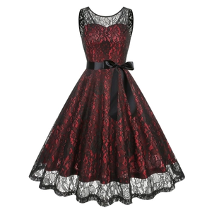 Robe de Cocktail en Dentelle Style Hepburn Années 1950 Sans Manches Col Rond Floral Coupe A Avec Ceinture Nœud en Satin