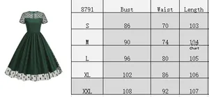 Size chart for vintage 50s polka dot cocktail dress showing bust waist and length data