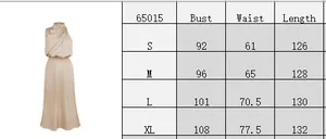Size chart for elegant sleeveless satin maxi dress including bust and length measurements