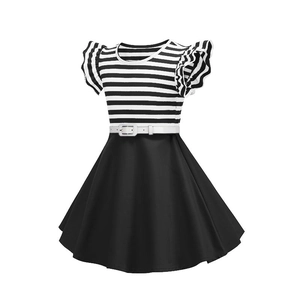 Detail of girls' vintage striped dress with ruffle sleeves and belted A-line skirt
