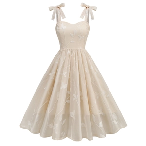 Damen Retro Hepburn Stil Midi Kleid Weiß Blatt Stickerei Schleife Spaghettiträger Elegant Tüll Party Kleid Für Hochzeitsgast Urlaub Sommer
