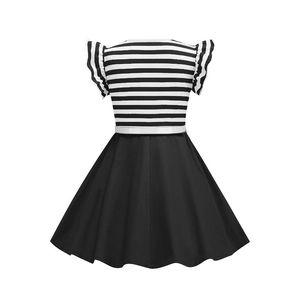 Back view of girl's vintage dress with flutter sleeves and black white striped pattern