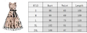 Guide des tailles détaillé pour robe vintage fleurie sans manches de la taille S à 2XL