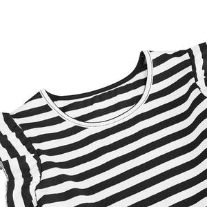 Detail of round neckline and ruffled cap sleeves on black and white striped dress