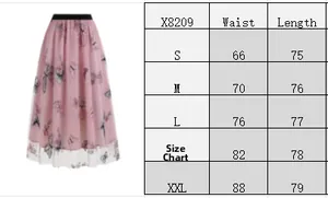 Tableau des tailles pour jupe en mesh brodée papillon rétro avec mesures de la taille