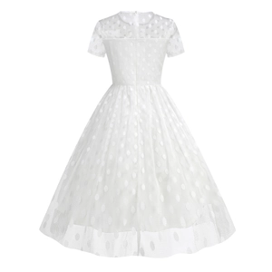 Close-up of white retro 50s dress featuring mesh polka dot texture and back zipper detail