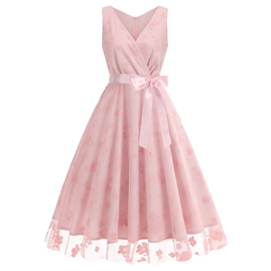 Robe Vintage Femme Col en V Sans Manches Flocage Floral Trapèze Élégante Maille Fête Midi Robe Avec Ceinture en Satin
