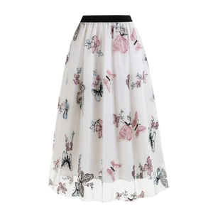 Jupe midi en tulle pour femmes avec broderie papillon 3D et taille élastique noire