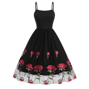 Retro 1950s black cocktail dress with delicate red rose embroidery and mesh skirt layer