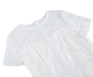 Detail of white dress featuring polka dot lace mesh texture and hidden back zipper