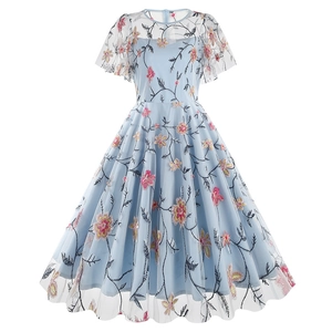 Light blue high-waisted A-line mesh dress featuring floral embroidery and round neck