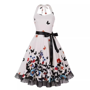 Vestito da Donna Vintage Anni 50 Audrey Hepburn Scollo all'Americana Stampa Floreale Ciliegia Farfalla Linea A con Orlo in Maglia