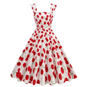 Vintage 50s Audrey Hepburn A-line dress with square neck and red cherry print on white