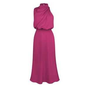 Detail of elegant magenta satin dress showing pleated neckline and silky texture