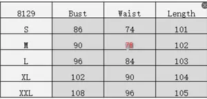 Detailed size guide table for S-XXL dresses showing bust, waist, and length measurements