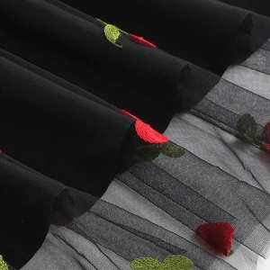 Gros plan sur tissu en maille noire avec broderie détaillée de cerises rouges