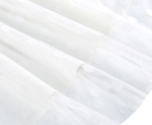 Close-up detail of white mesh fabric featuring vintage polka dot texture and layered lace