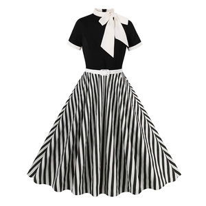 Vintage 1950s Hepburn Style Women Dress Black White Striped Patchwork Short Sleeve A-Line Swing Party Cocktail Dress With Bow Knot Belt